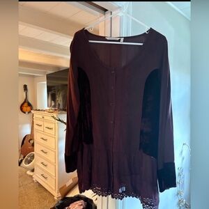 Soft Surroundings Wine Button-Front Lace-Hem Tunic